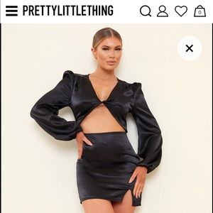 Black Satin Plunge Twist Long Sleeve Bodycon Dress